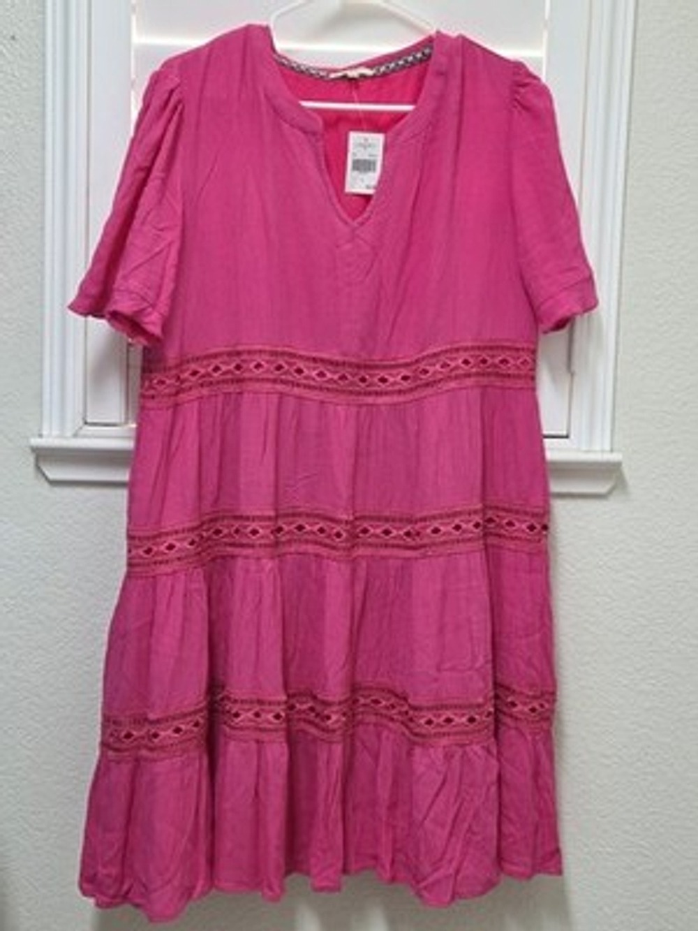Nwt Kate & Sam Magenta Tiered Dress Women's Large Crochet Trim V Neck Boho